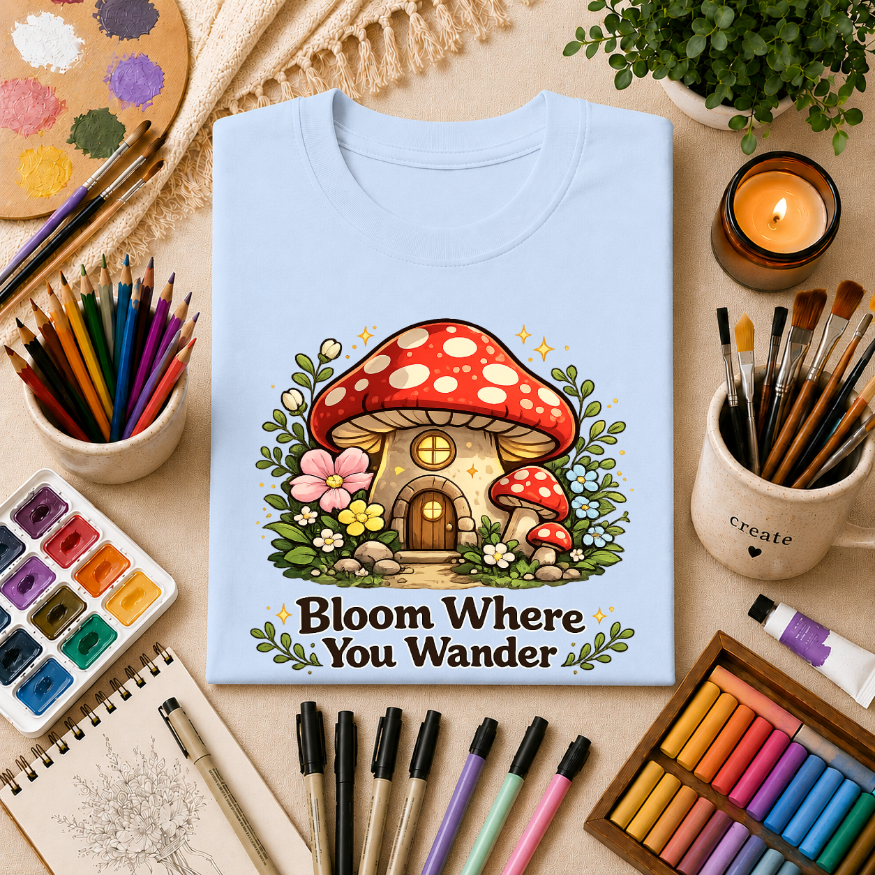 Mushroom House T-Shirt — "Bloom Where You Wander" Cute Cottagecore Tee