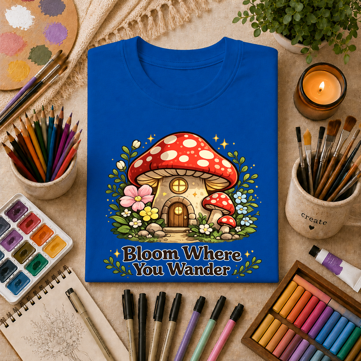 Mushroom House T-Shirt — "Bloom Where You Wander" Cute Cottagecore Tee