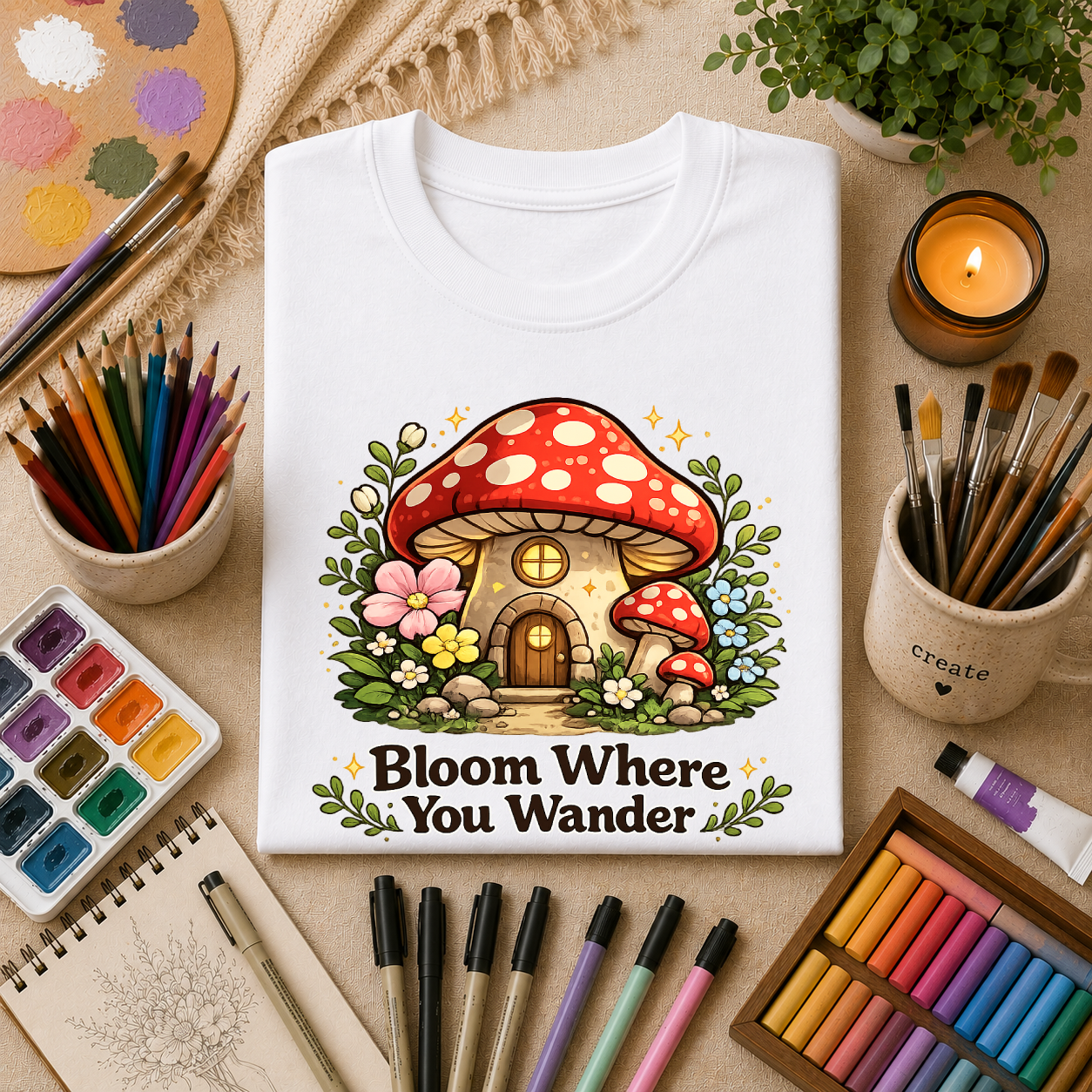 Mushroom House T-Shirt — "Bloom Where You Wander" Cute Cottagecore Tee