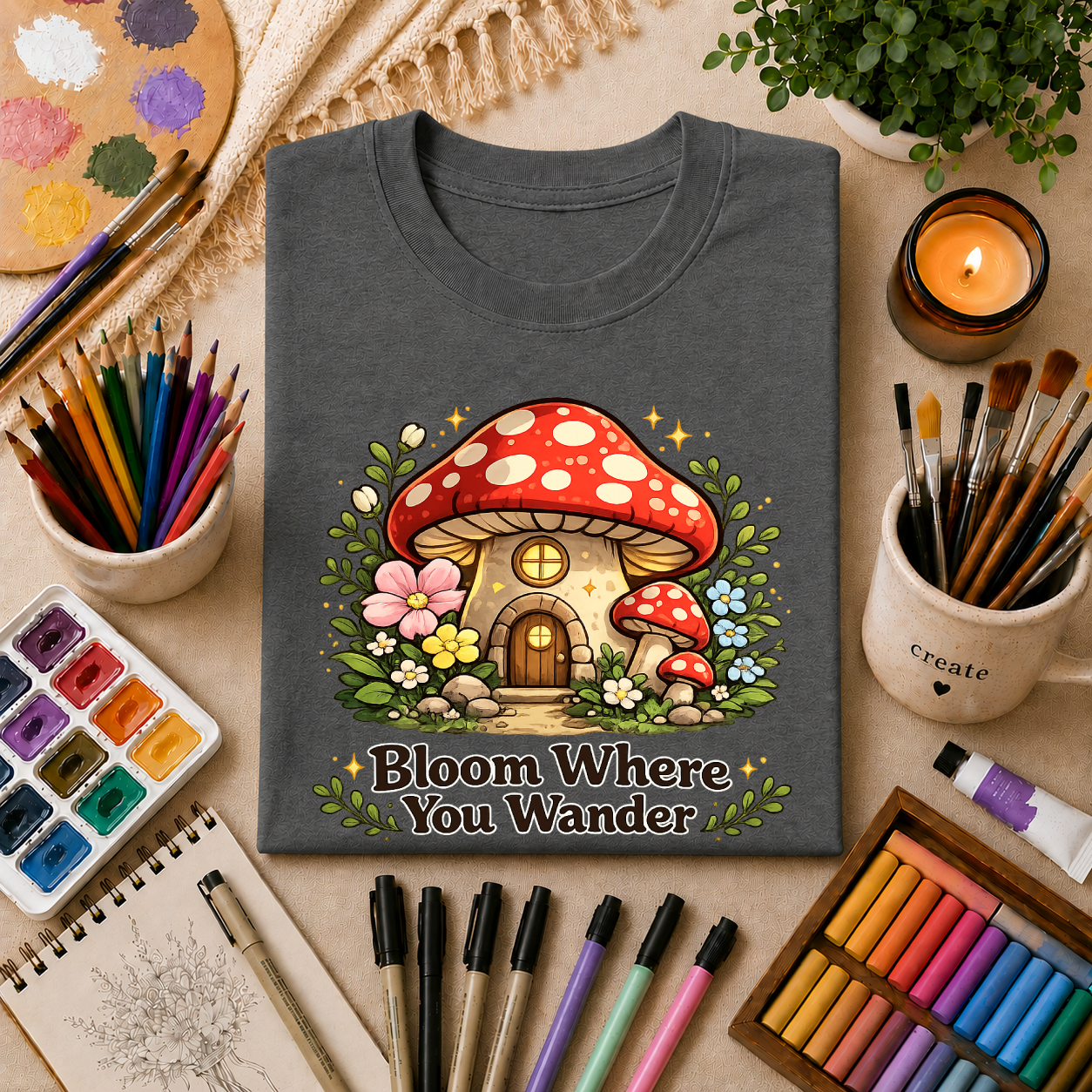 Mushroom House T-Shirt — "Bloom Where You Wander" Cute Cottagecore Tee