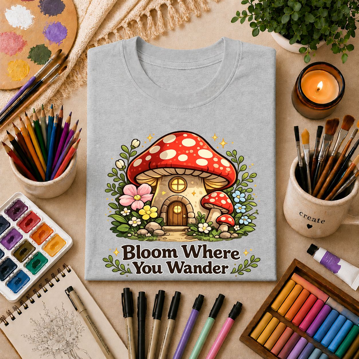 Mushroom House T-Shirt — "Bloom Where You Wander" Cute Cottagecore Tee