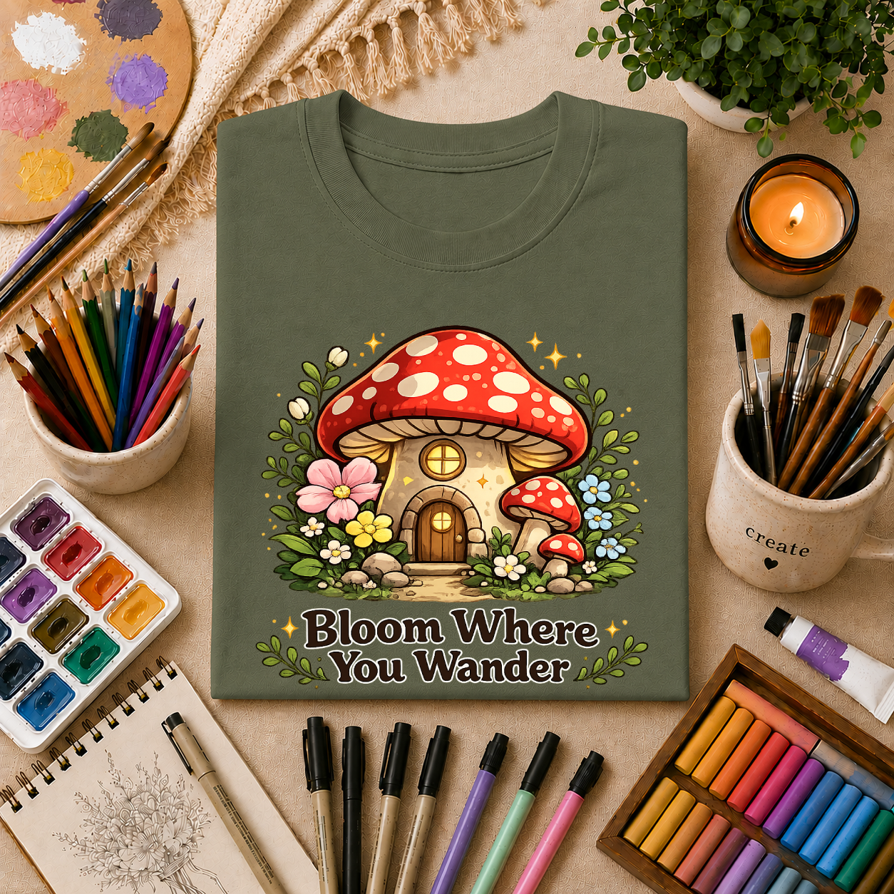 Mushroom House T-Shirt — "Bloom Where You Wander" Cute Cottagecore Tee