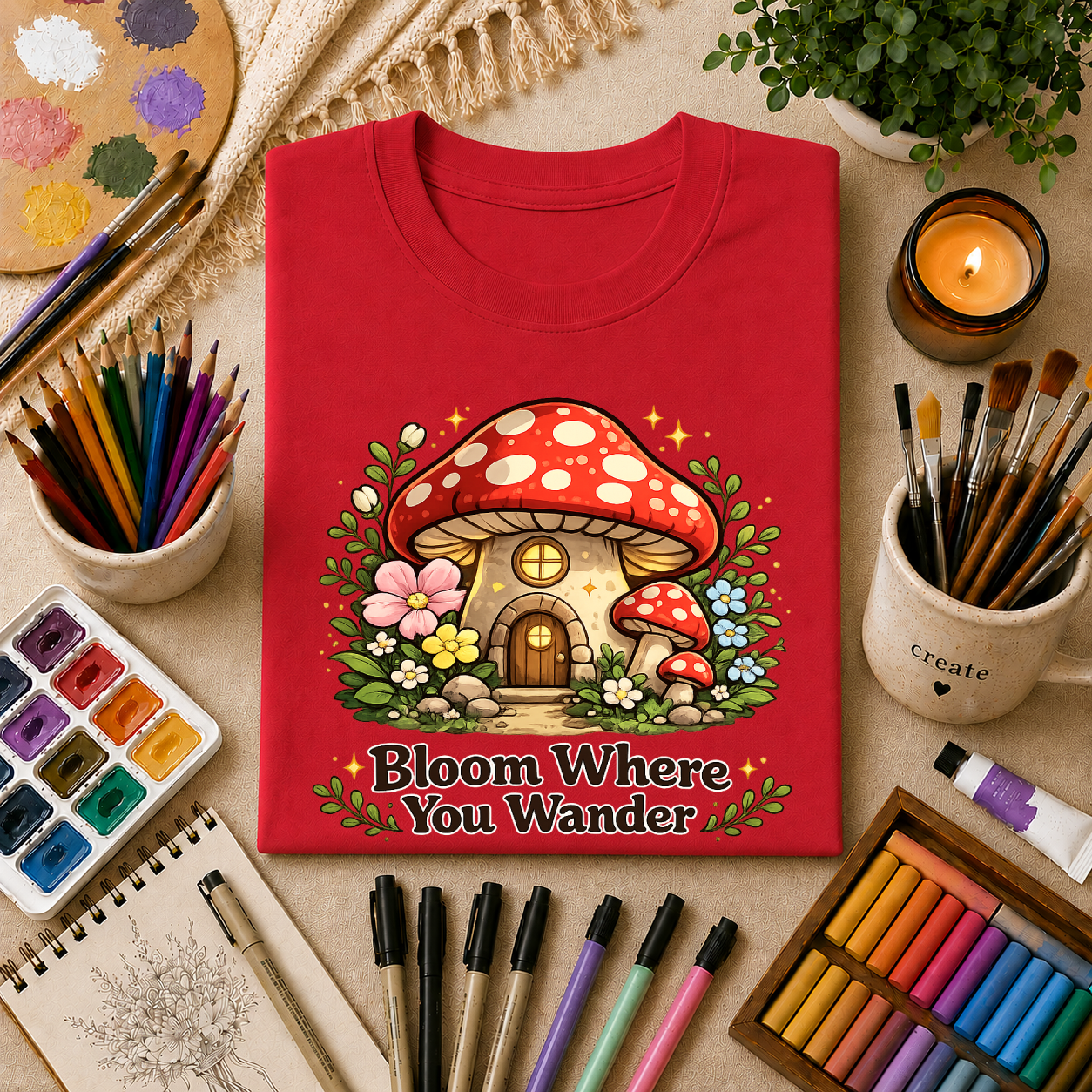 Mushroom House T-Shirt — "Bloom Where You Wander" Cute Cottagecore Tee