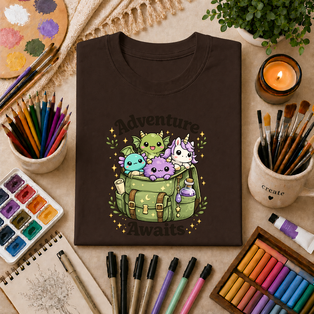 Adventure Awaits T-Shirt — Cute Kawaii Monster Backpack Graphic Tee