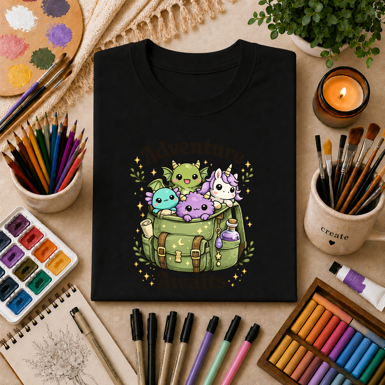 Adventure Awaits T-Shirt — Cute Kawaii Monster Backpack Graphic Tee