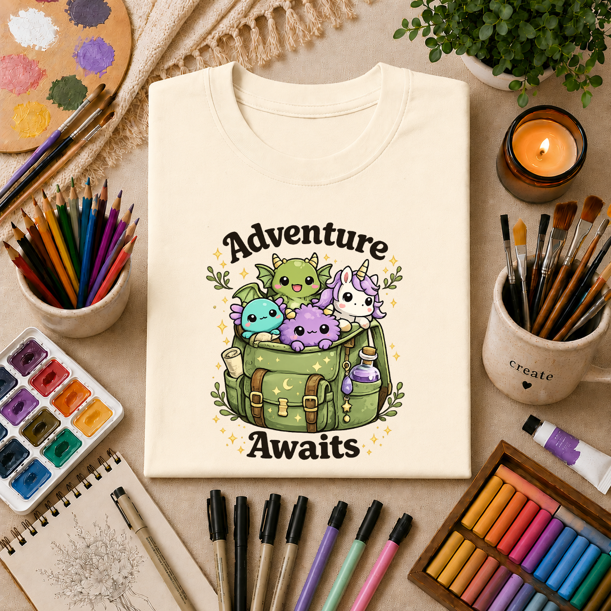 Adventure Awaits T-Shirt — Cute Kawaii Monster Backpack Graphic Tee