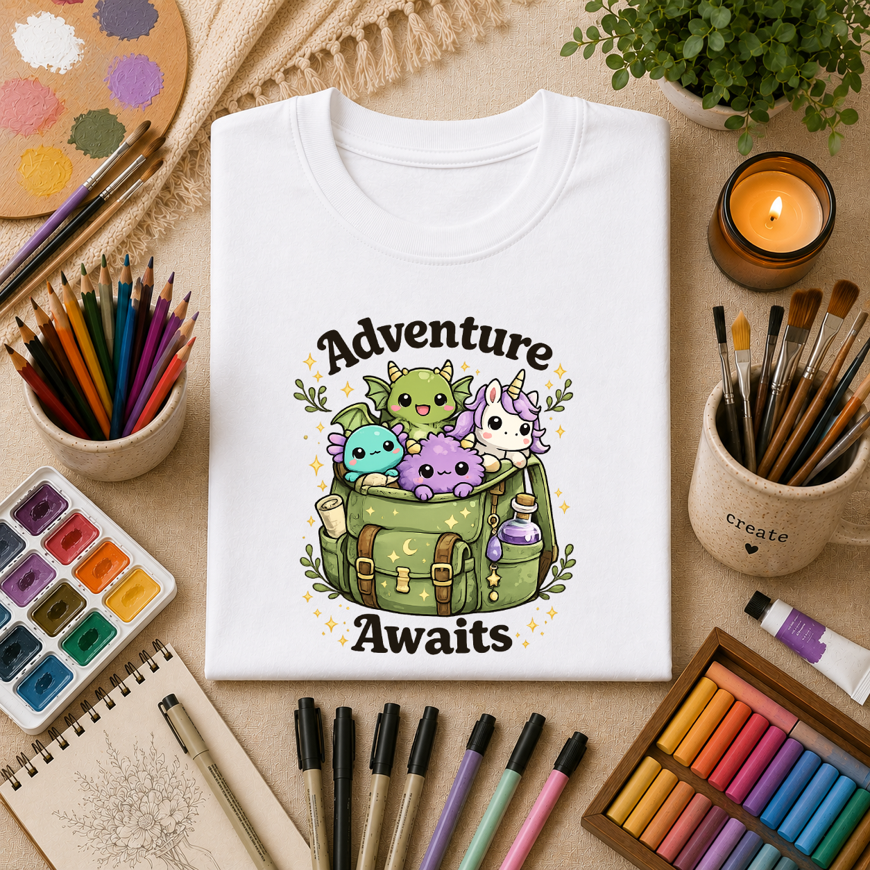 Adventure Awaits T-Shirt — Cute Kawaii Monster Backpack Graphic Tee