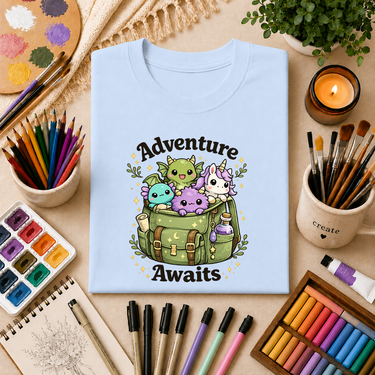 Adventure Awaits T-Shirt — Cute Kawaii Monster Backpack Graphic Tee