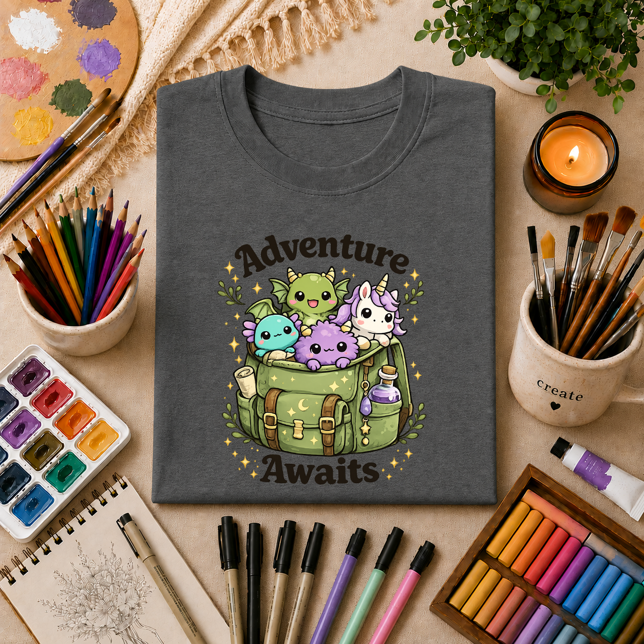 Adventure Awaits T-Shirt — Cute Kawaii Monster Backpack Graphic Tee