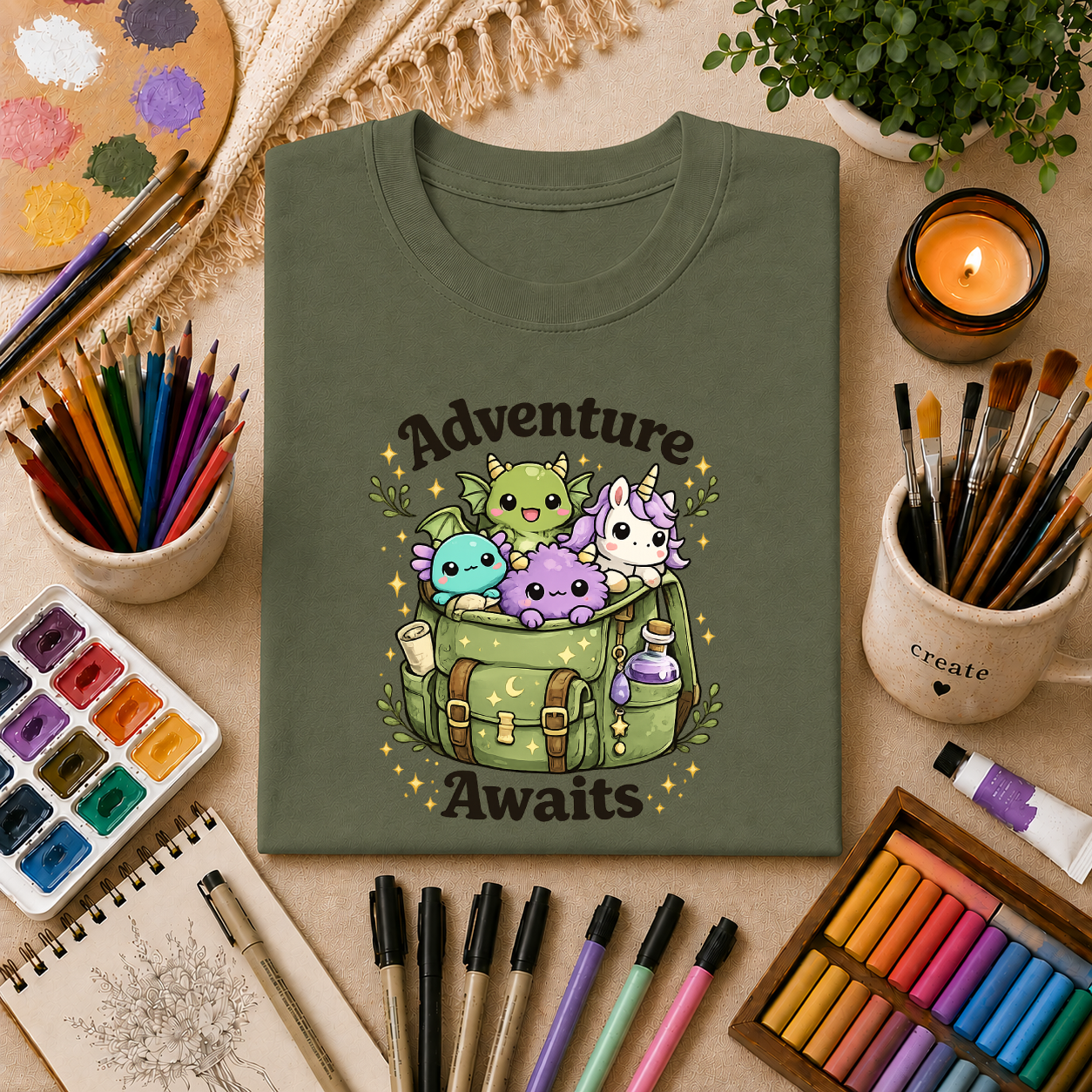 Adventure Awaits T-Shirt — Cute Kawaii Monster Backpack Graphic Tee