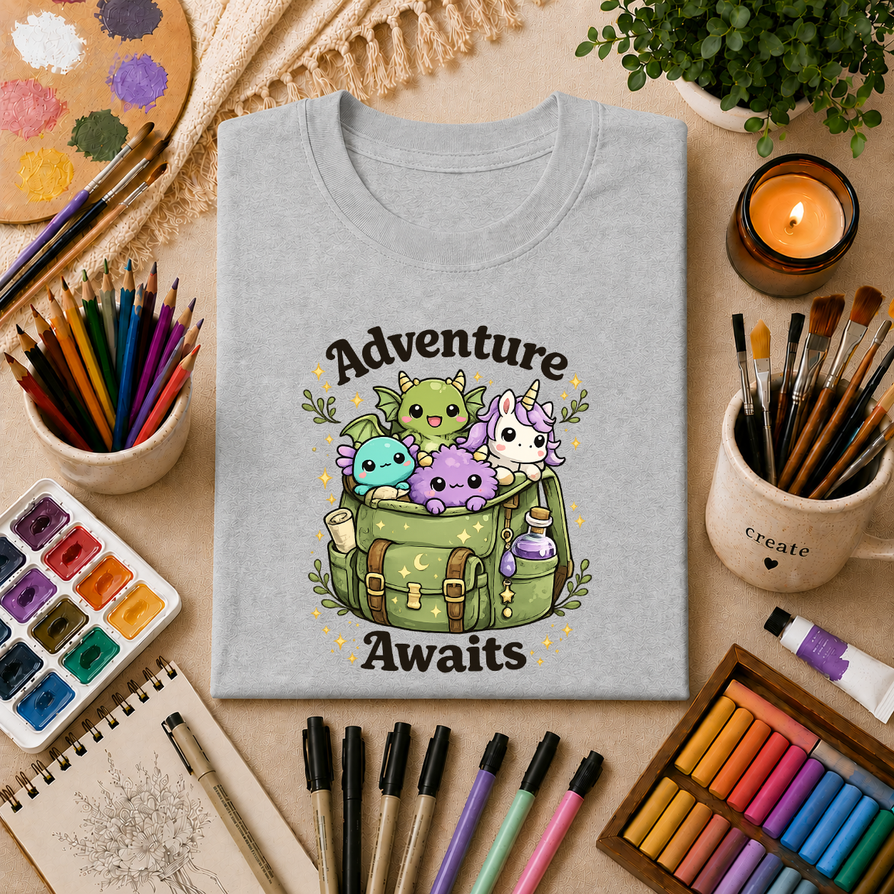 Adventure Awaits T-Shirt — Cute Kawaii Monster Backpack Graphic Tee