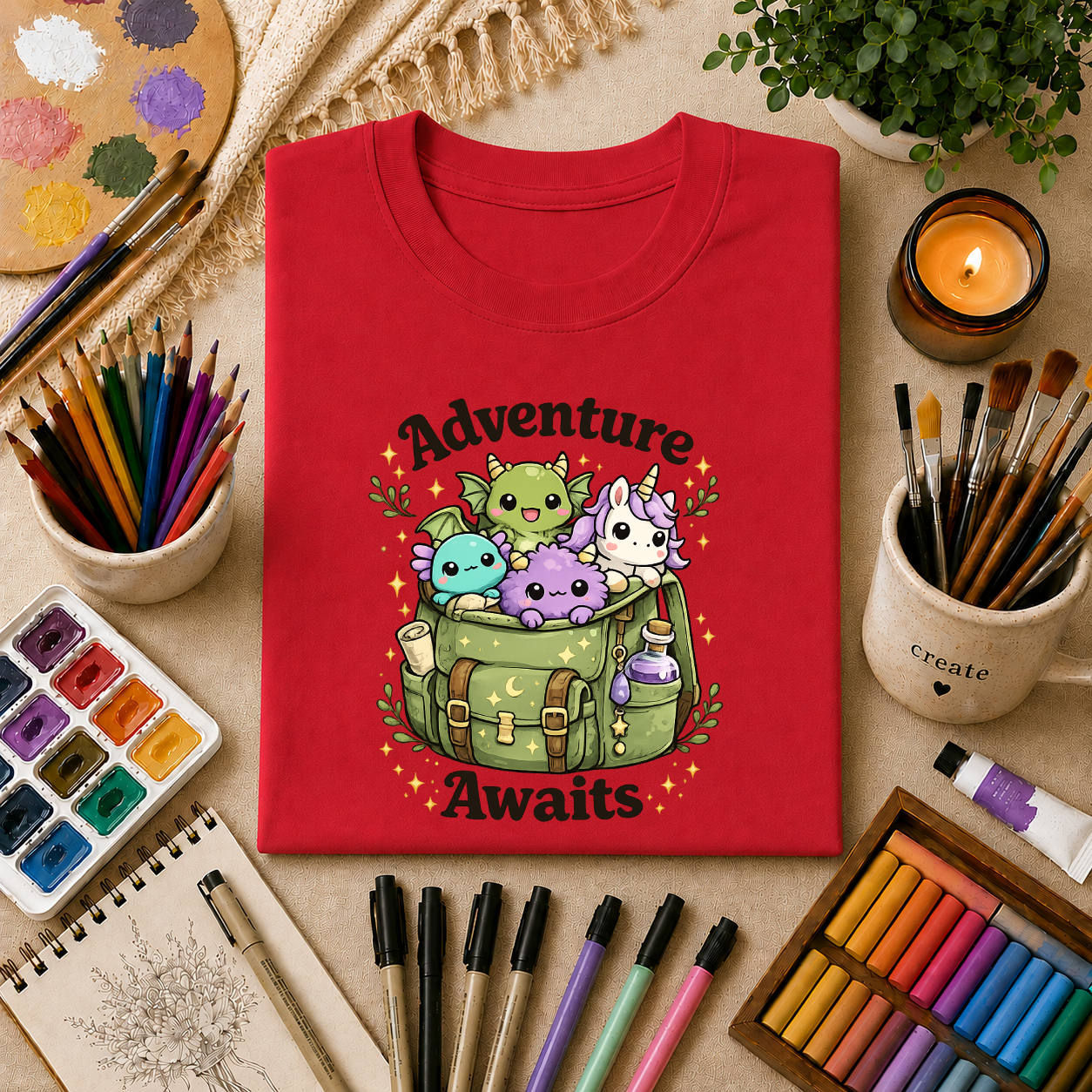 Adventure Awaits T-Shirt — Cute Kawaii Monster Backpack Graphic Tee