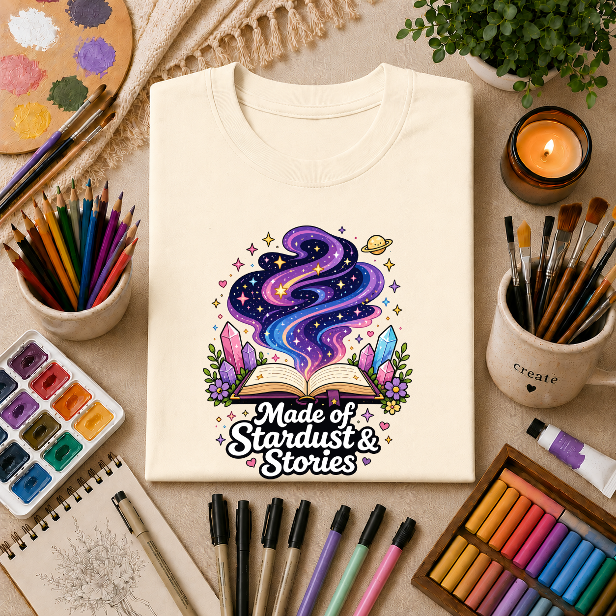 Booklover T-Shirt — “Made of Stardust & Stories” Cosmic Crystal Graphic Tee
