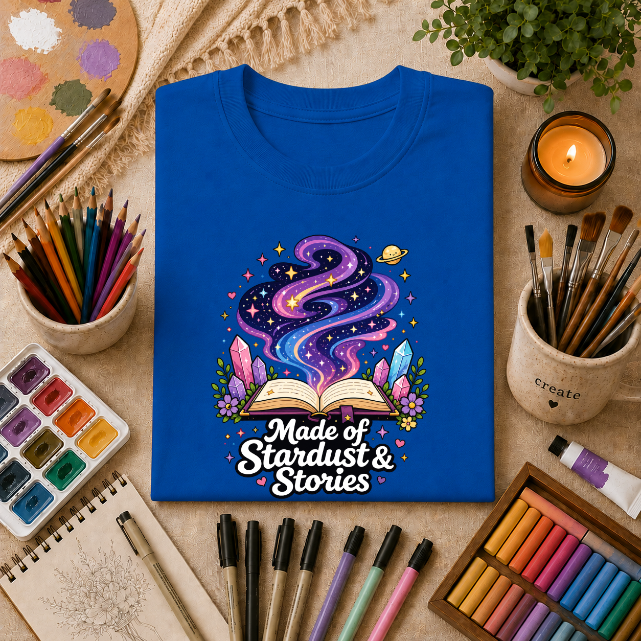 Booklover T-Shirt — “Made of Stardust & Stories” Cosmic Crystal Graphic Tee