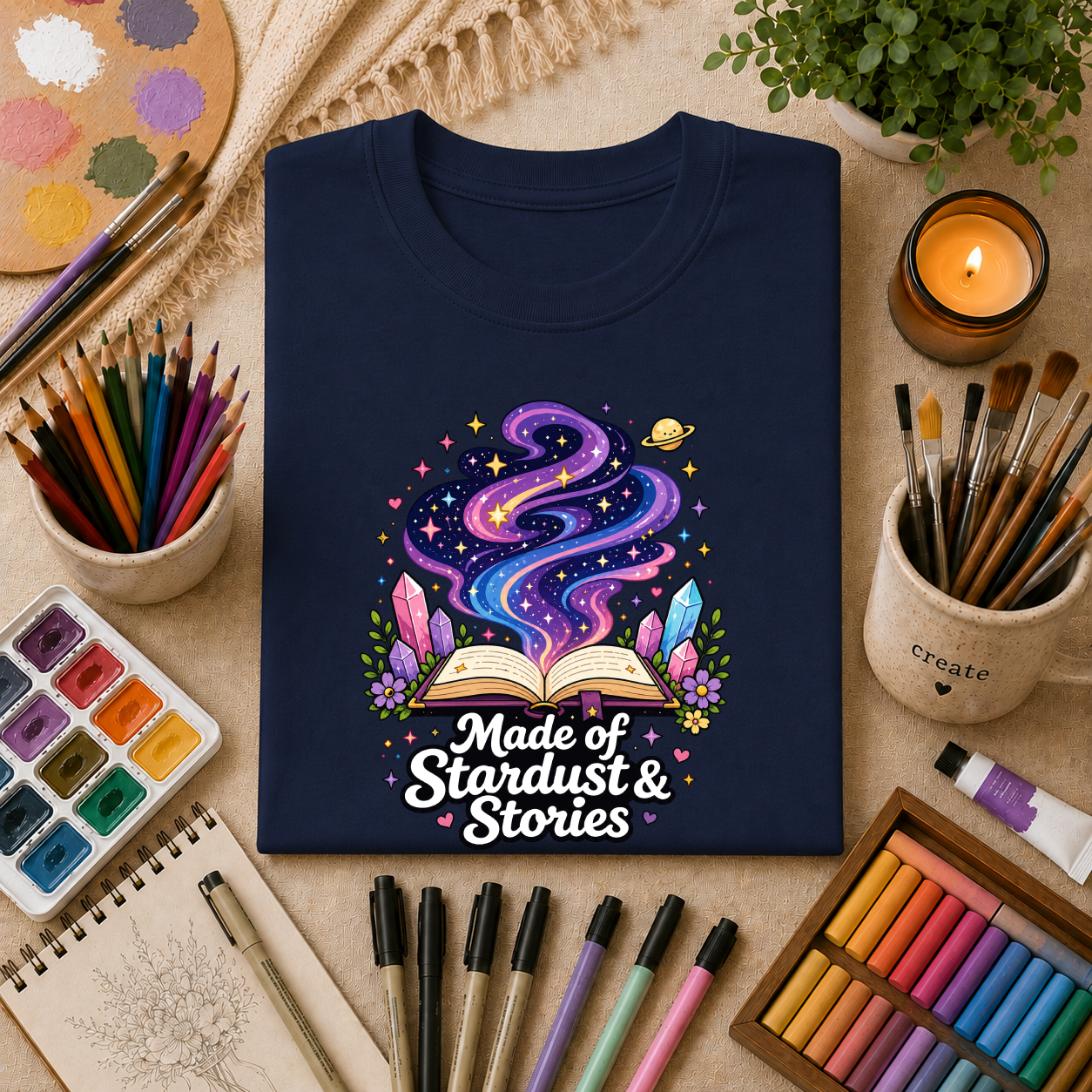 Booklover T-Shirt — “Made of Stardust & Stories” Cosmic Crystal Graphic Tee