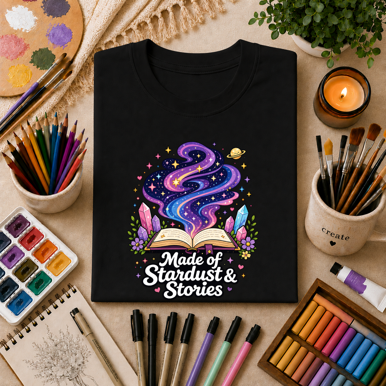 Booklover T-Shirt — “Made of Stardust & Stories” Cosmic Crystal Graphic Tee
