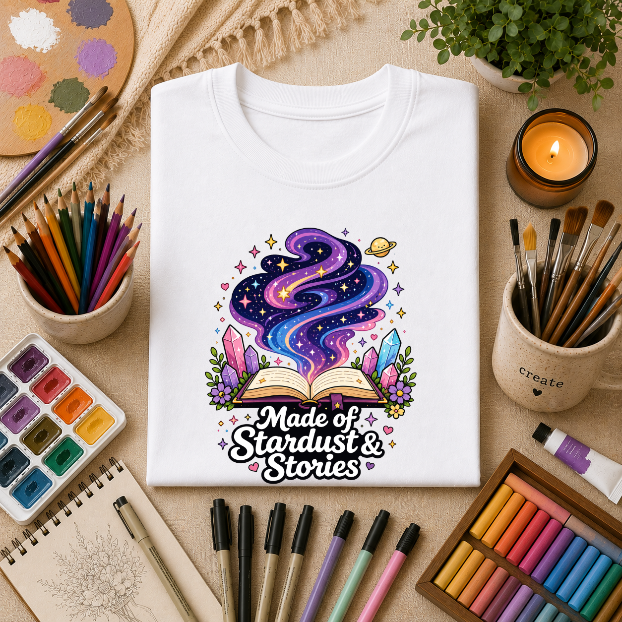 Booklover T-Shirt — “Made of Stardust & Stories” Cosmic Crystal Graphic Tee