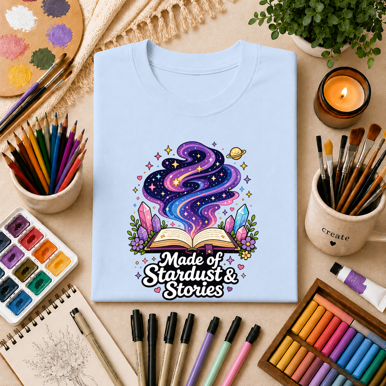 Booklover T-Shirt — “Made of Stardust & Stories” Cosmic Crystal Graphic Tee
