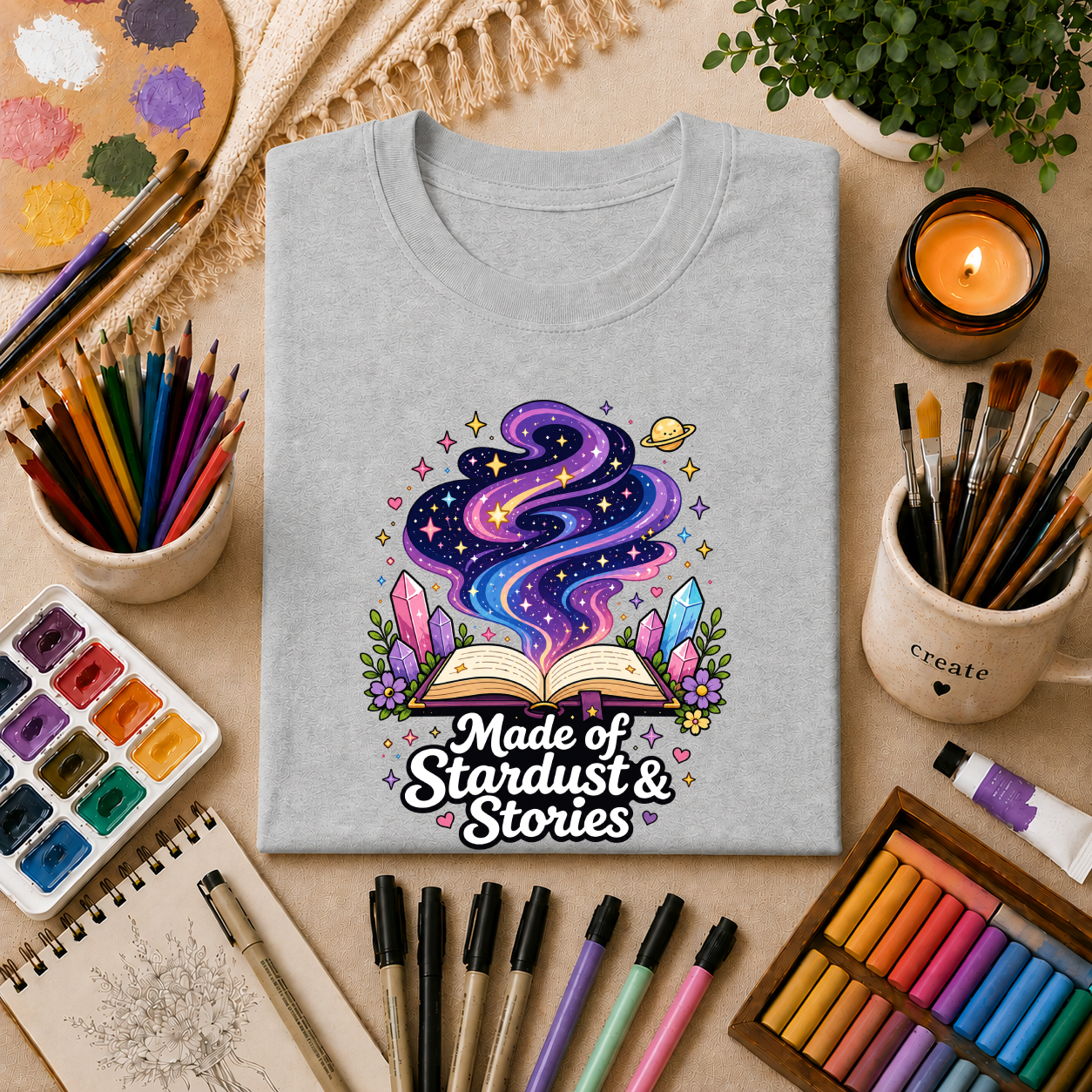 Booklover T-Shirt — “Made of Stardust & Stories” Cosmic Crystal Graphic Tee