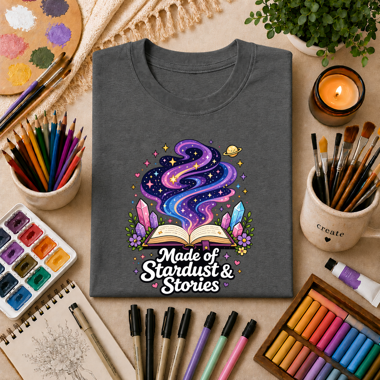 Booklover T-Shirt — “Made of Stardust & Stories” Cosmic Crystal Graphic Tee