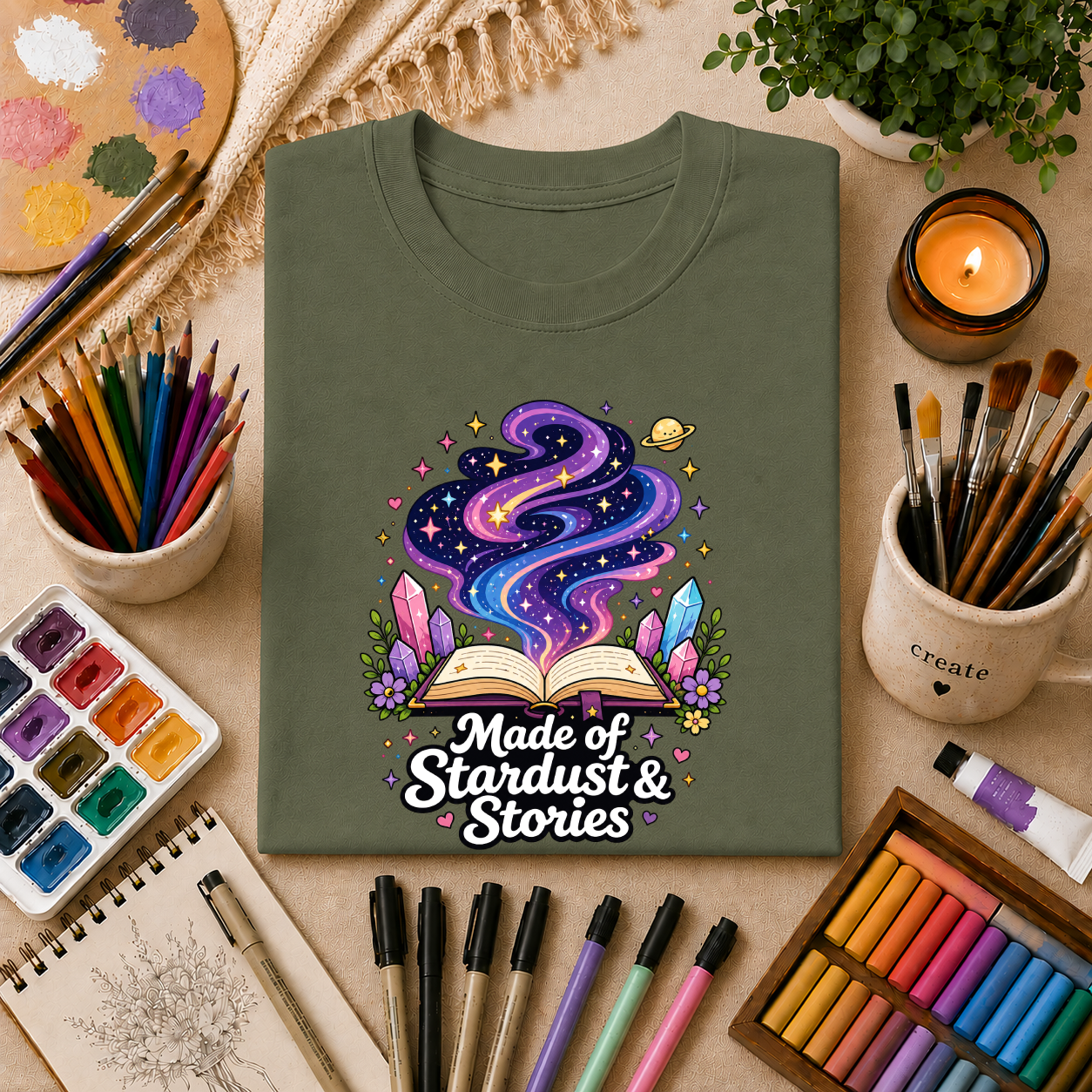 Booklover T-Shirt — “Made of Stardust & Stories” Cosmic Crystal Graphic Tee