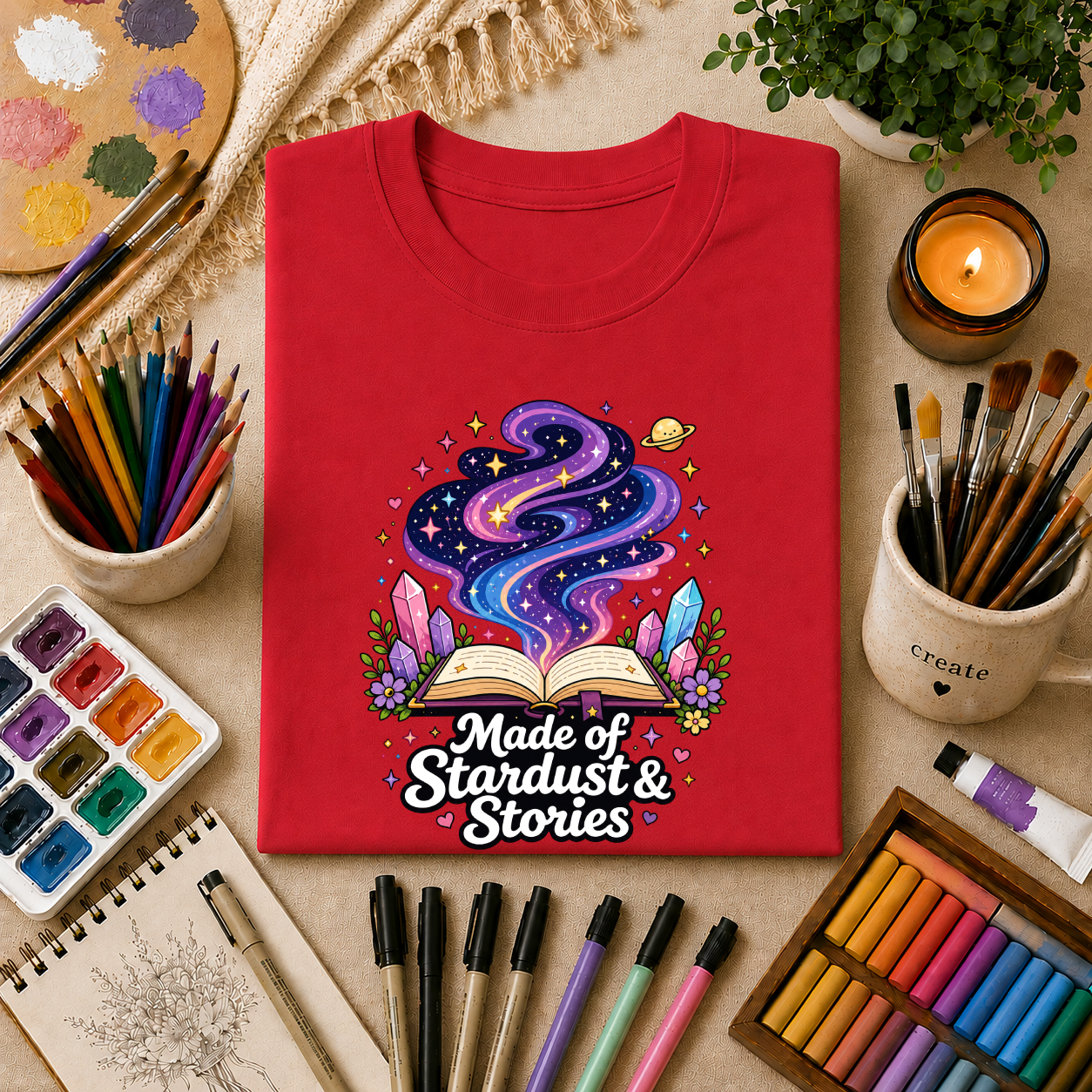 Booklover T-Shirt — “Made of Stardust & Stories” Cosmic Crystal Graphic Tee