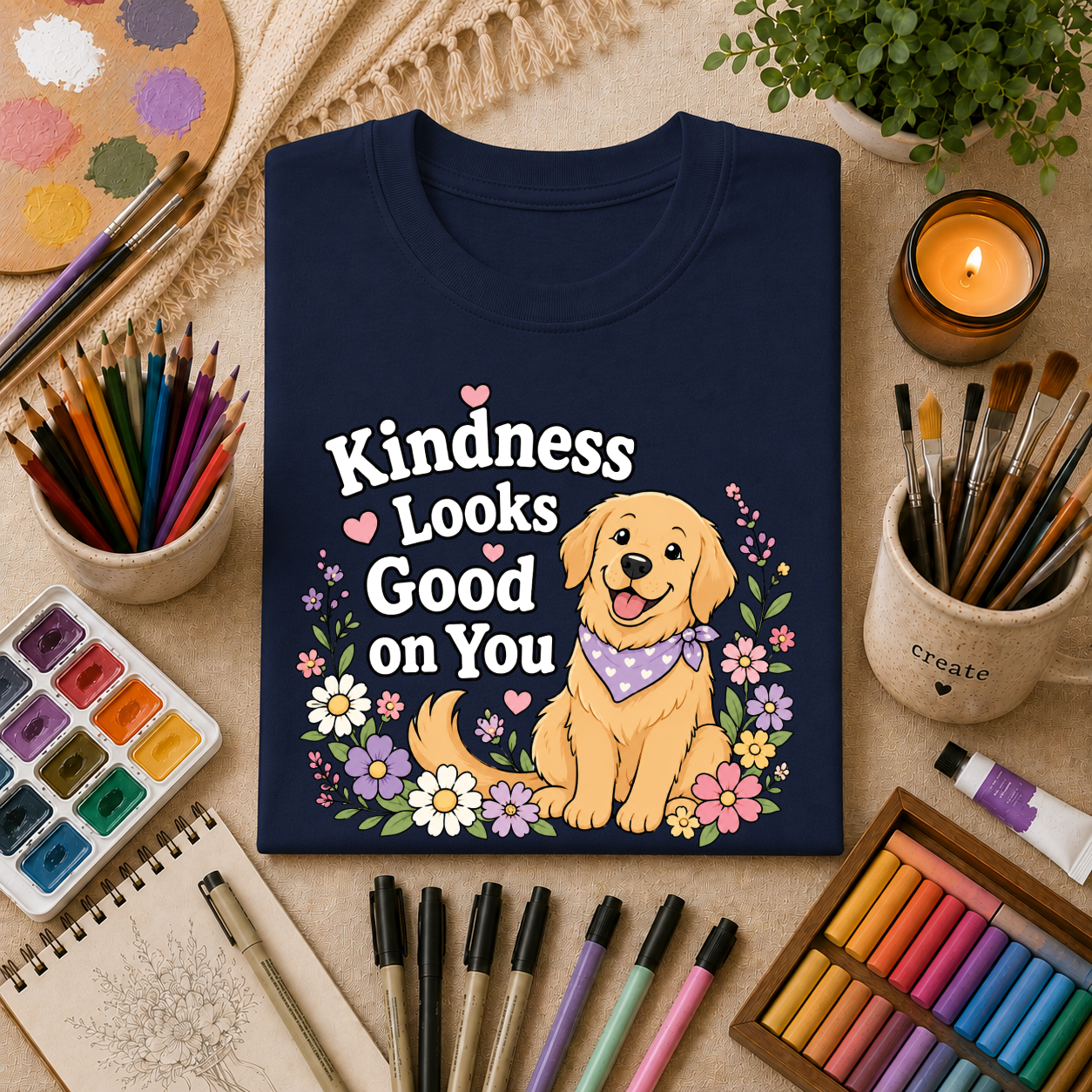 Kindness Looks Good on You T-Shirt — Cute Golden Retriever Floral Tee