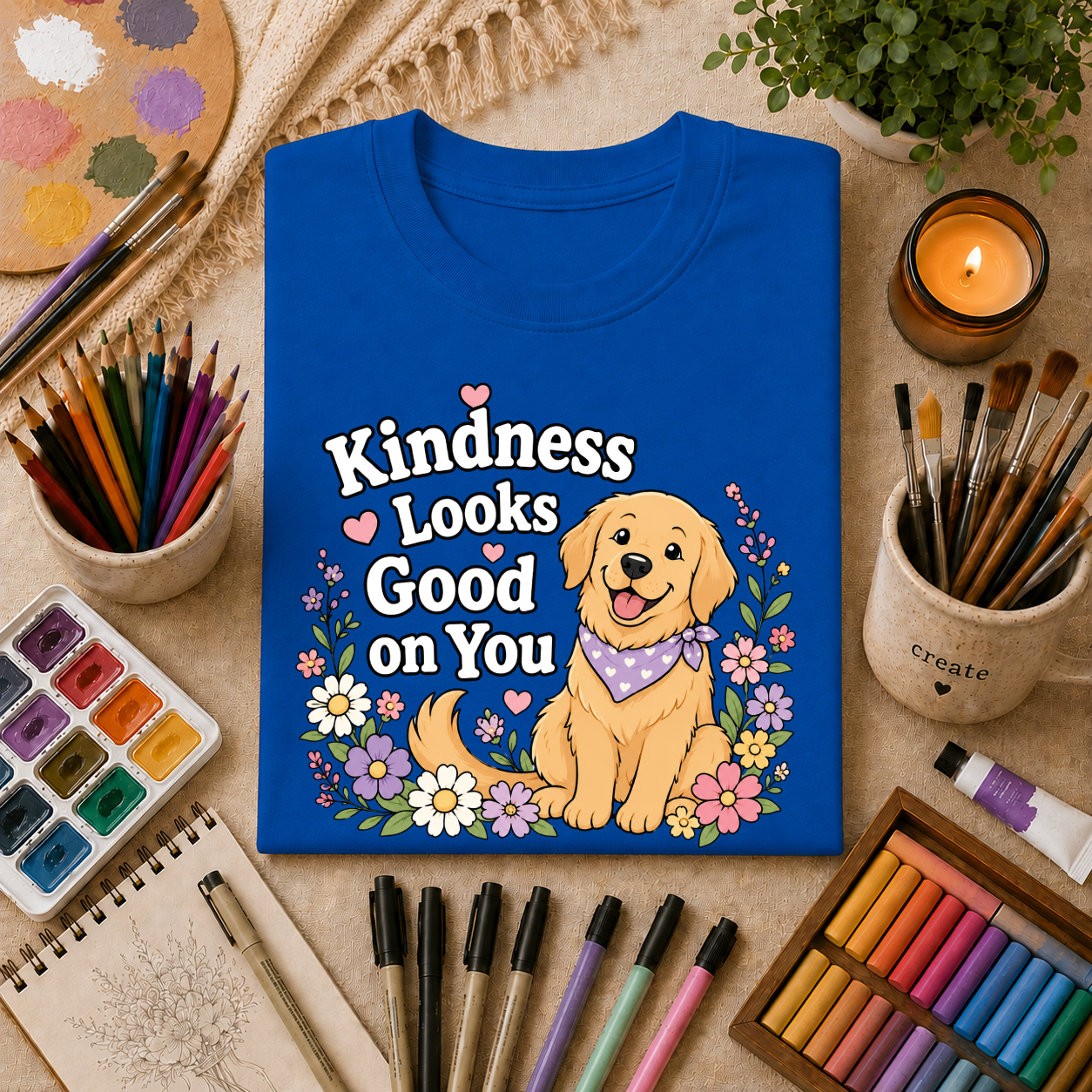 Kindness Looks Good on You T-Shirt — Cute Golden Retriever Floral Tee