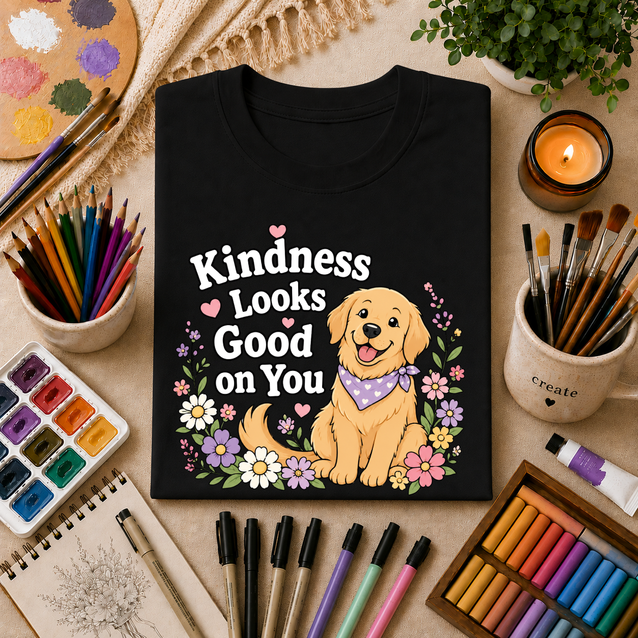 Kindness Looks Good on You T-Shirt — Cute Golden Retriever Floral Tee