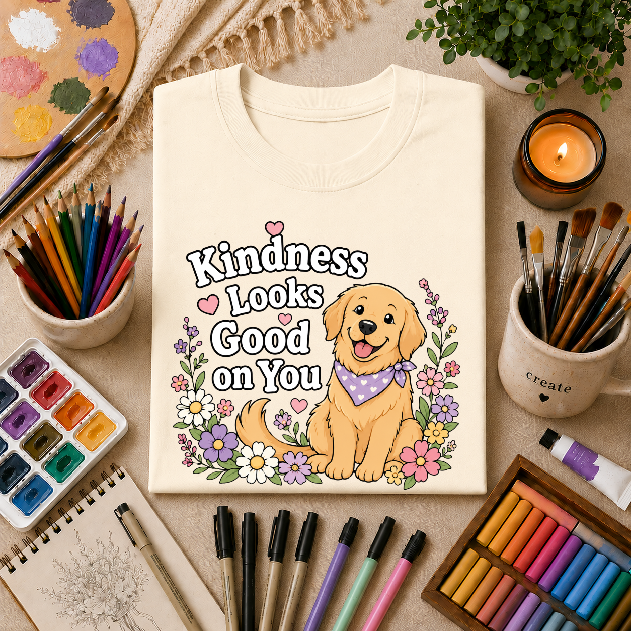 Kindness Looks Good on You T-Shirt — Cute Golden Retriever Floral Tee