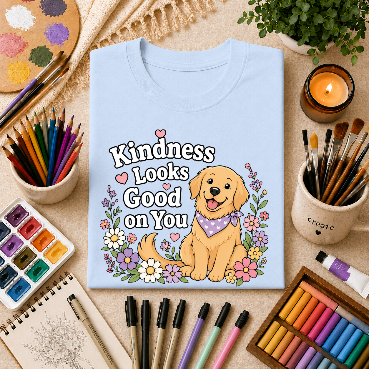 Kindness Looks Good on You T-Shirt — Cute Golden Retriever Floral Tee