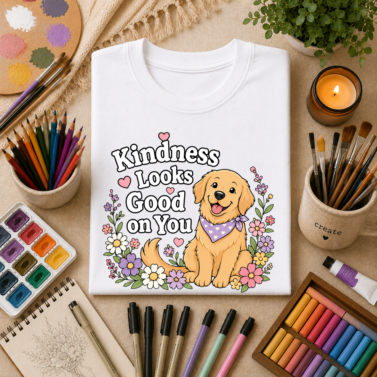 Kindness Looks Good on You T-Shirt — Cute Golden Retriever Floral Tee