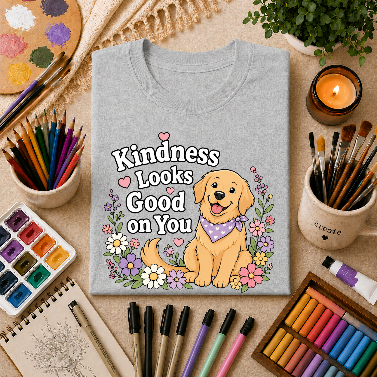 Kindness Looks Good on You T-Shirt — Cute Golden Retriever Floral Tee