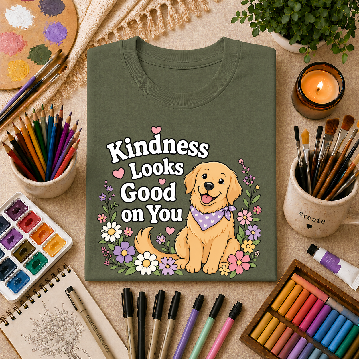 Kindness Looks Good on You T-Shirt — Cute Golden Retriever Floral Tee