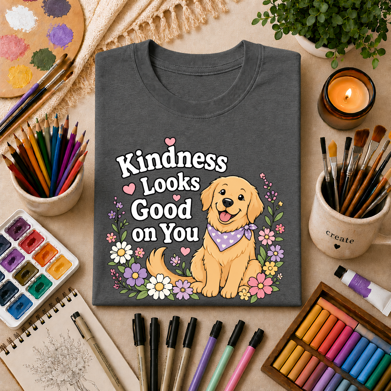 Kindness Looks Good on You T-Shirt — Cute Golden Retriever Floral Tee