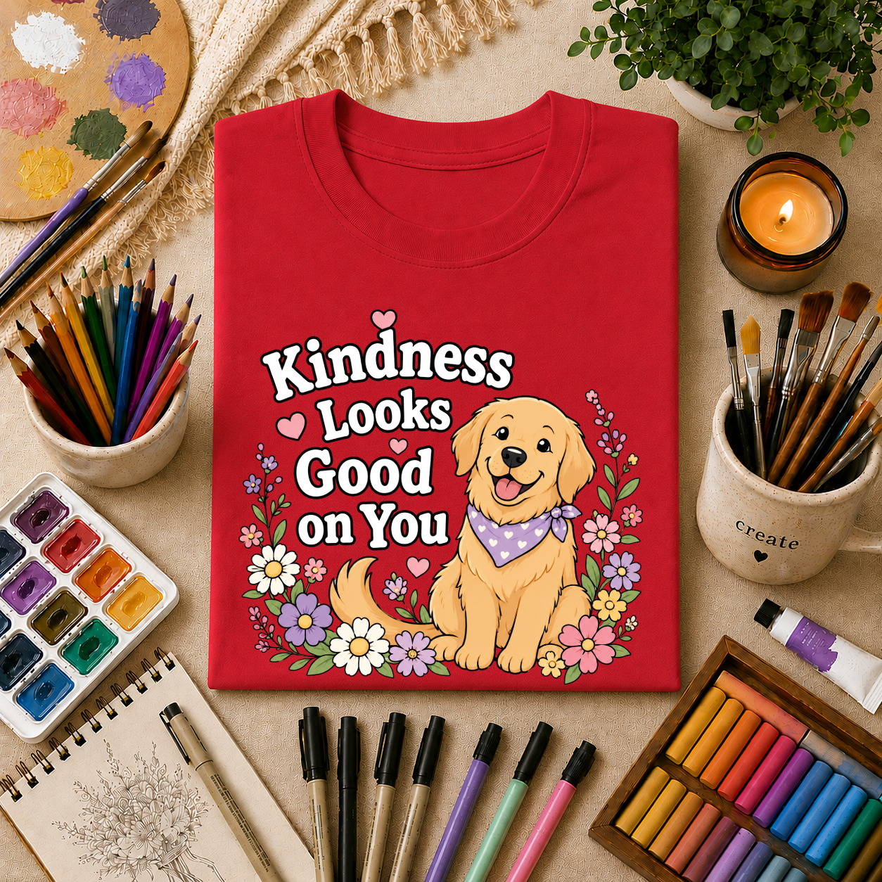 Kindness Looks Good on You T-Shirt — Cute Golden Retriever Floral Tee