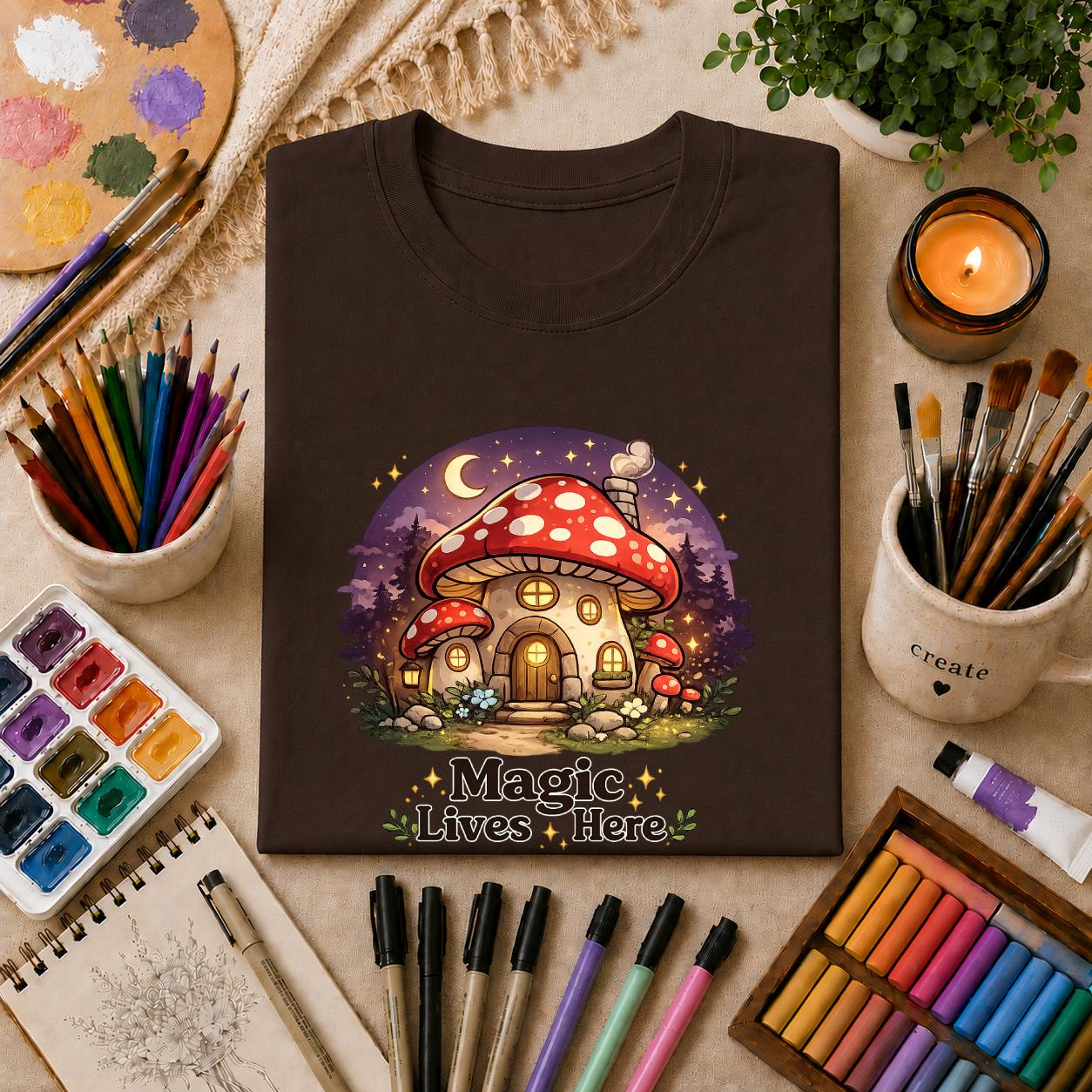 Mushroom Cottage T-Shirt — "Magic Lives Here" Whimsical Fairycore Tee