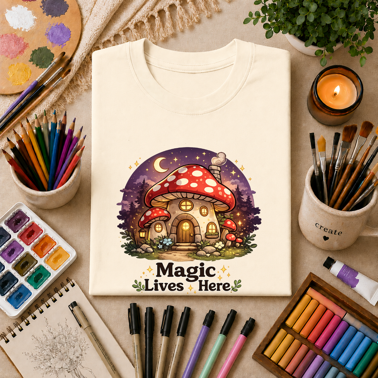Mushroom Cottage T-Shirt — "Magic Lives Here" Whimsical Fairycore Tee