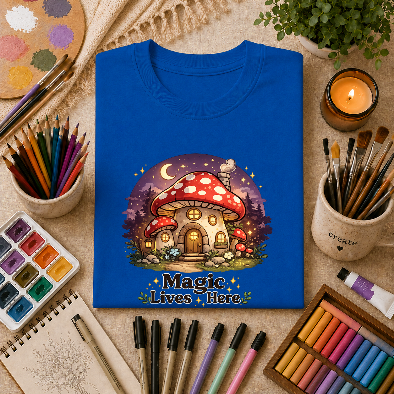 Mushroom Cottage T-Shirt — "Magic Lives Here" Whimsical Fairycore Tee
