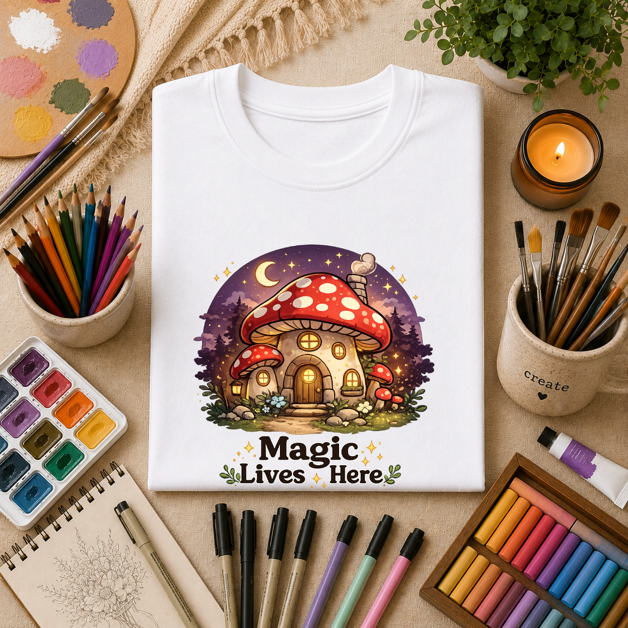 Mushroom Cottage T-Shirt — "Magic Lives Here" Whimsical Fairycore Tee