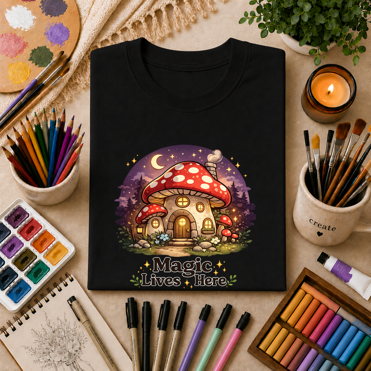 Mushroom Cottage T-Shirt — "Magic Lives Here" Whimsical Fairycore Tee