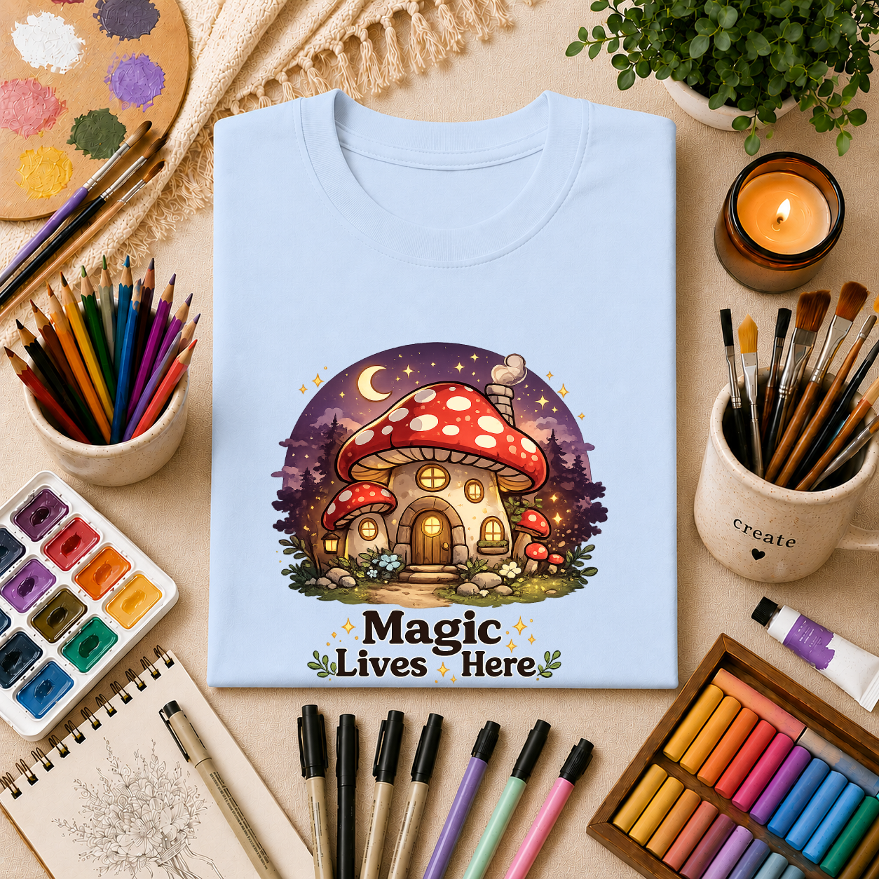 Mushroom Cottage T-Shirt — "Magic Lives Here" Whimsical Fairycore Tee