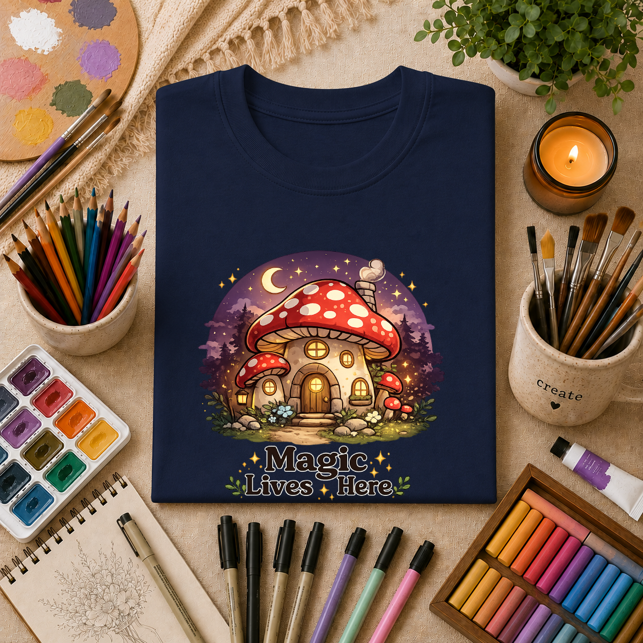 Mushroom Cottage T-Shirt — "Magic Lives Here" Whimsical Fairycore Tee
