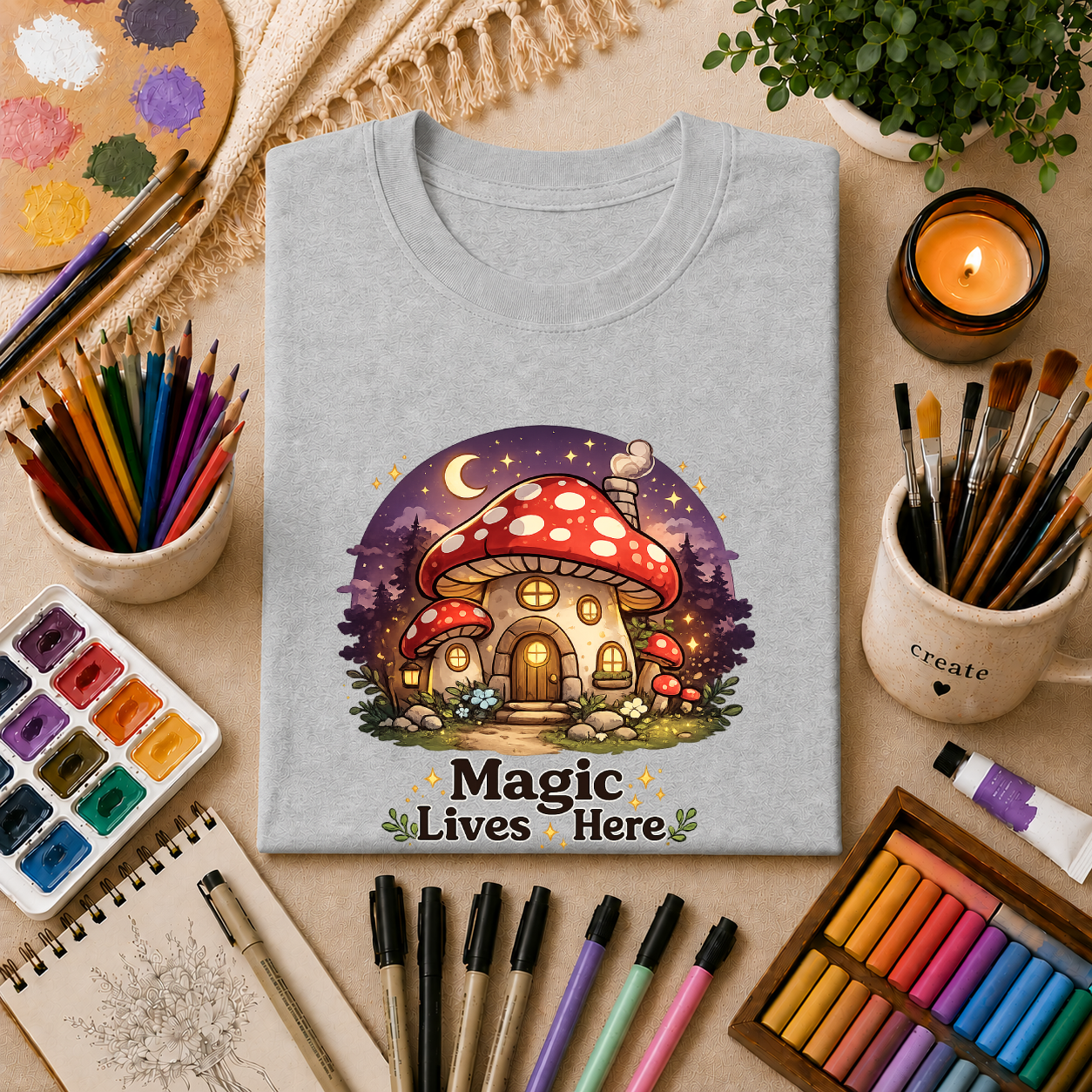Mushroom Cottage T-Shirt — "Magic Lives Here" Whimsical Fairycore Tee