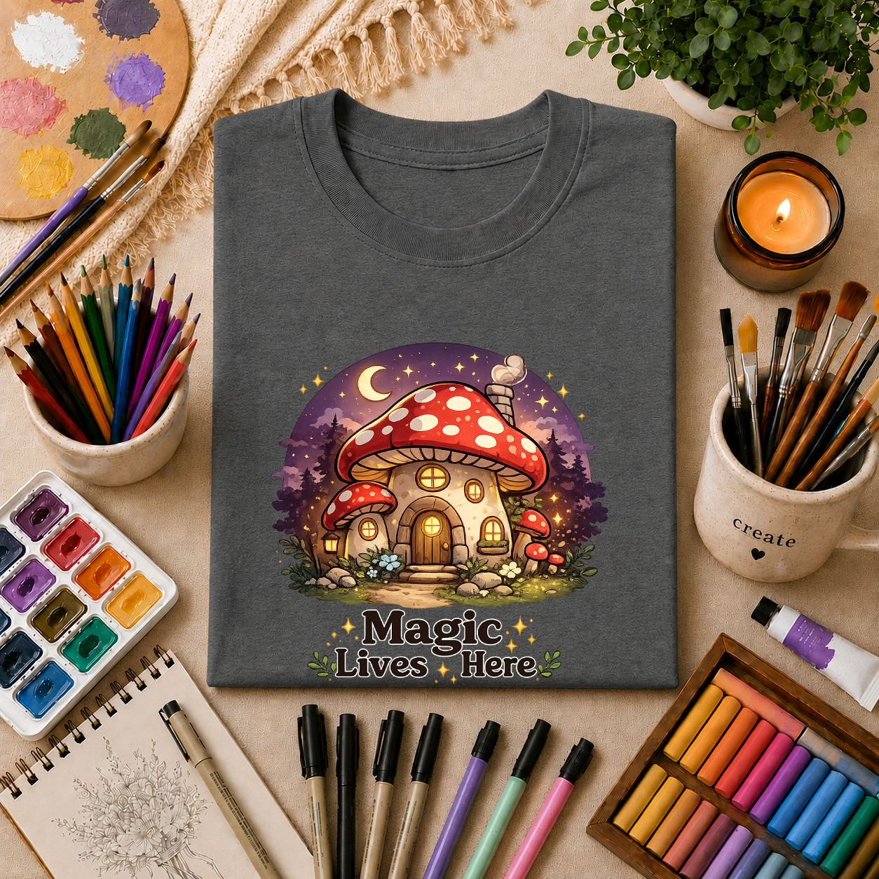 Mushroom Cottage T-Shirt — "Magic Lives Here" Whimsical Fairycore Tee