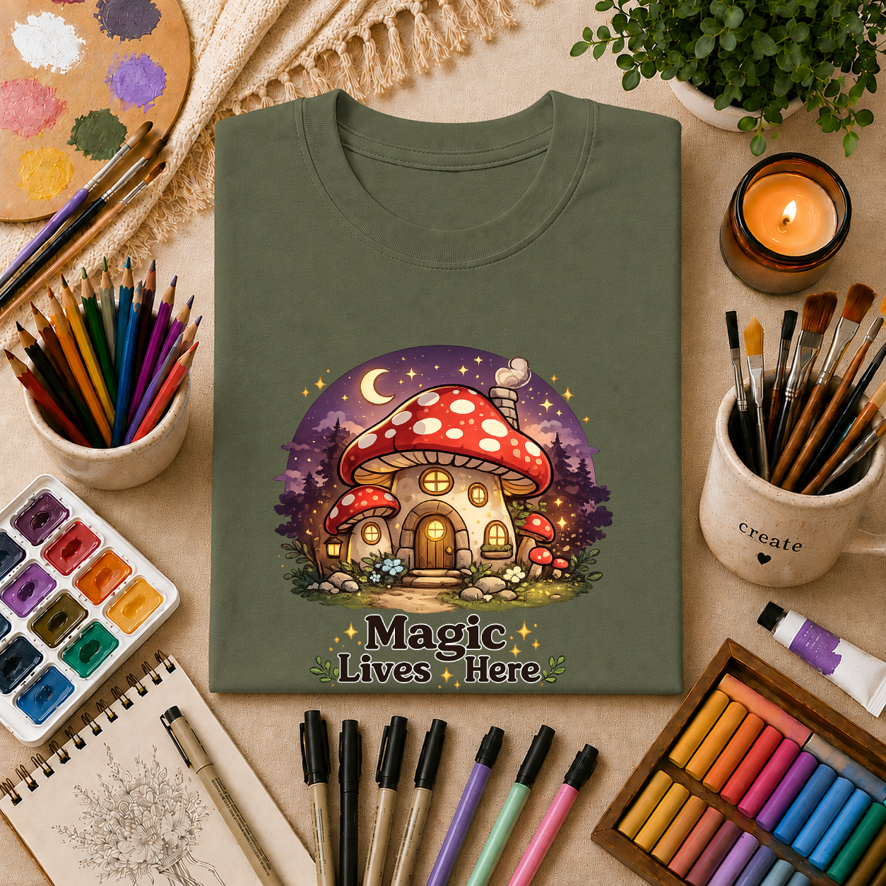 Mushroom Cottage T-Shirt — "Magic Lives Here" Whimsical Fairycore Tee