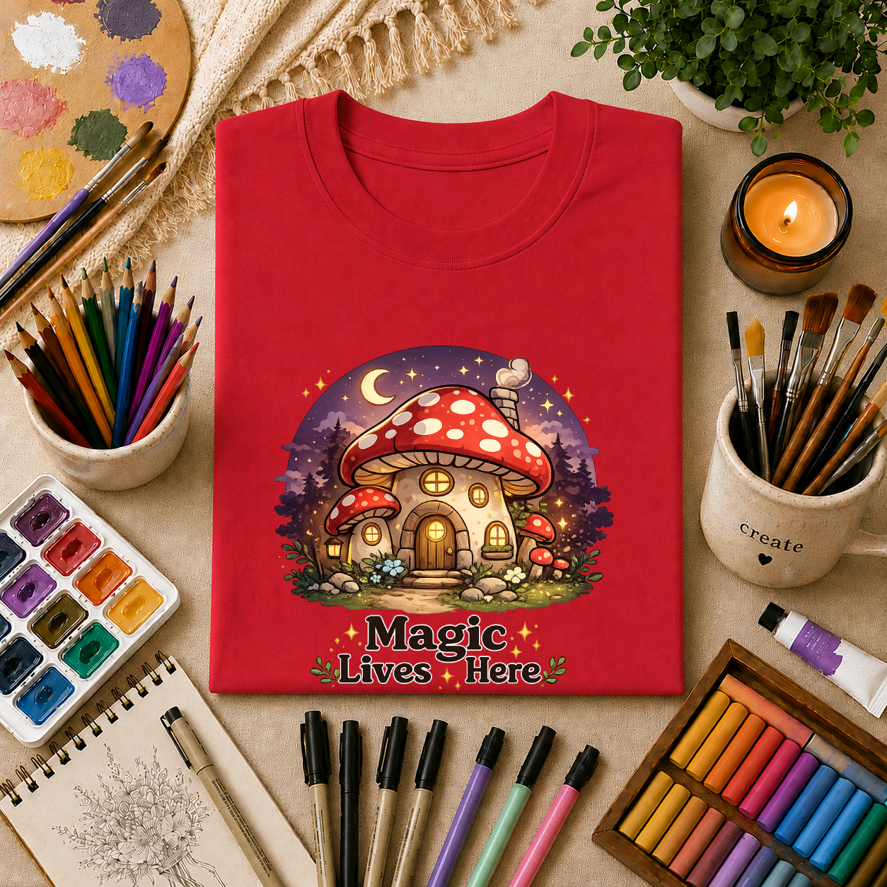Mushroom Cottage T-Shirt — "Magic Lives Here" Whimsical Fairycore Tee