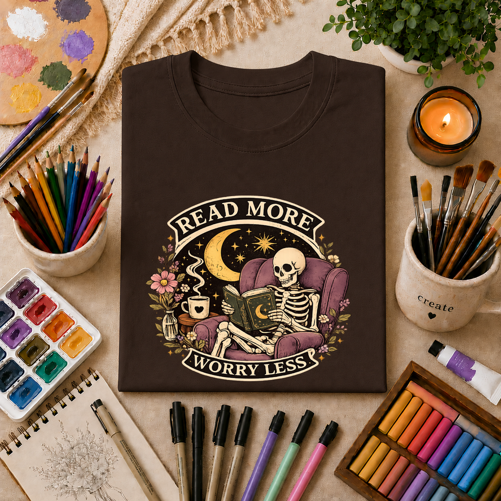 Read More, Worry Less T-Shirt — Skeleton Reading Graphic Tee