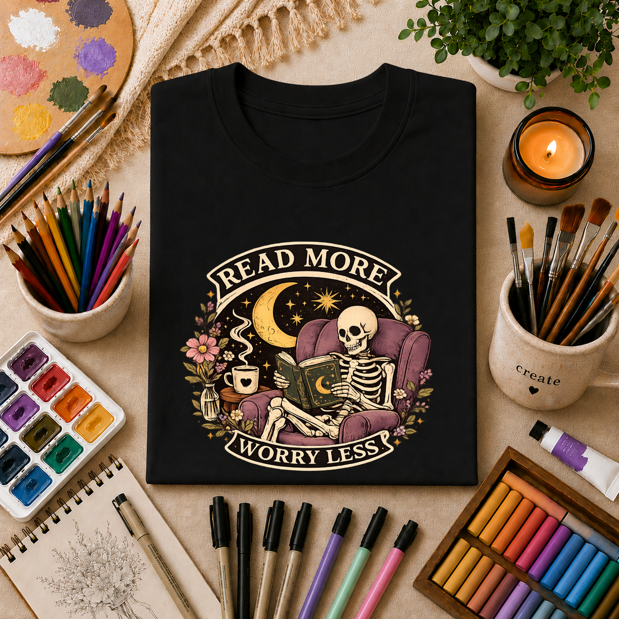 Read More, Worry Less T-Shirt — Skeleton Reading Graphic Tee