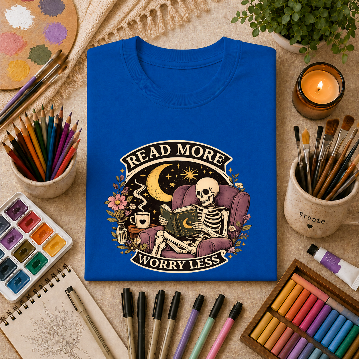 Read More, Worry Less T-Shirt — Skeleton Reading Graphic Tee